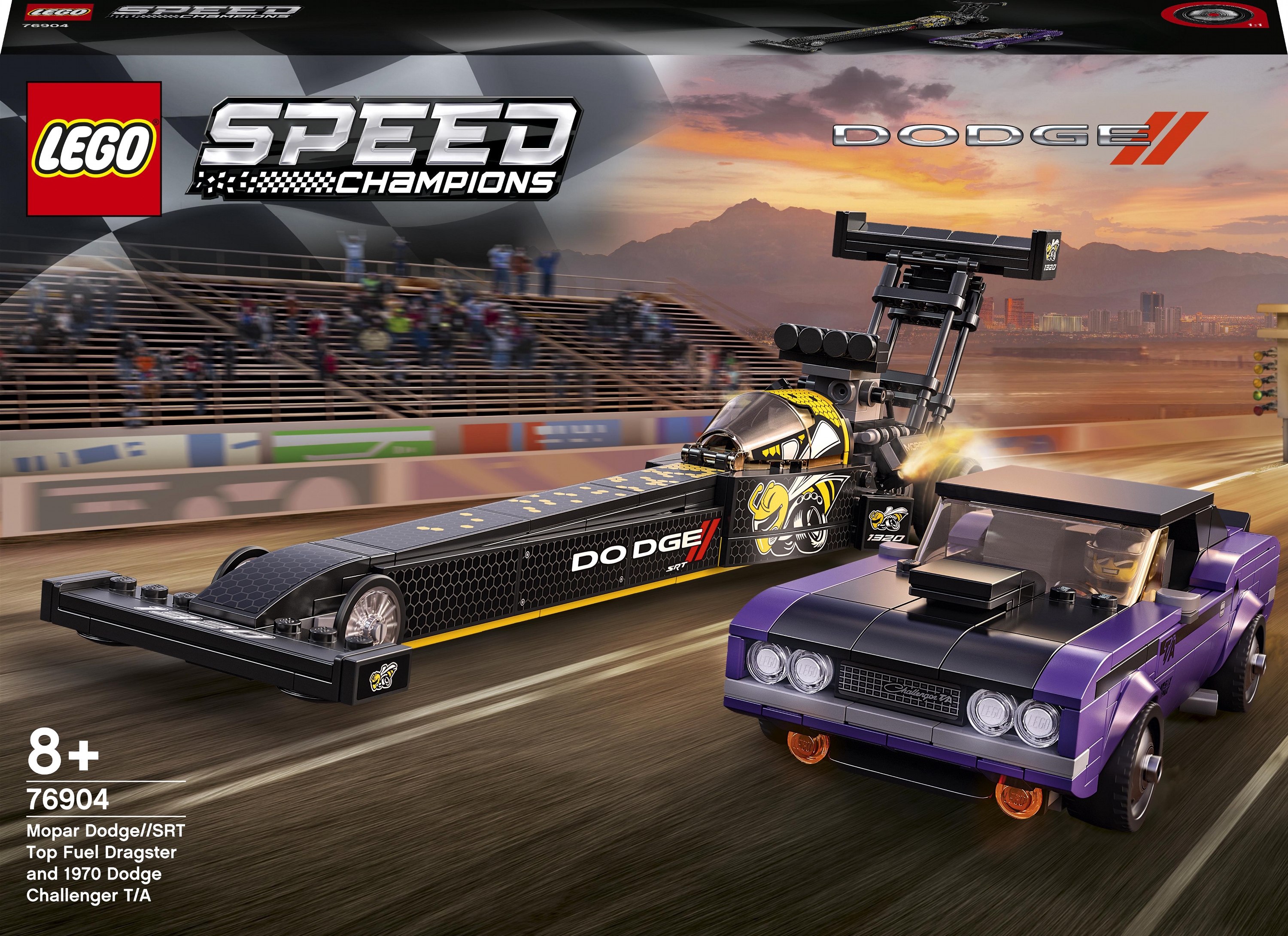 

Конструктор LEGO Speed Champions Mopar Dodge//SRT Top Fuel Dragster and 1970 Dodge Challenger T/A 627 деталей (76904)