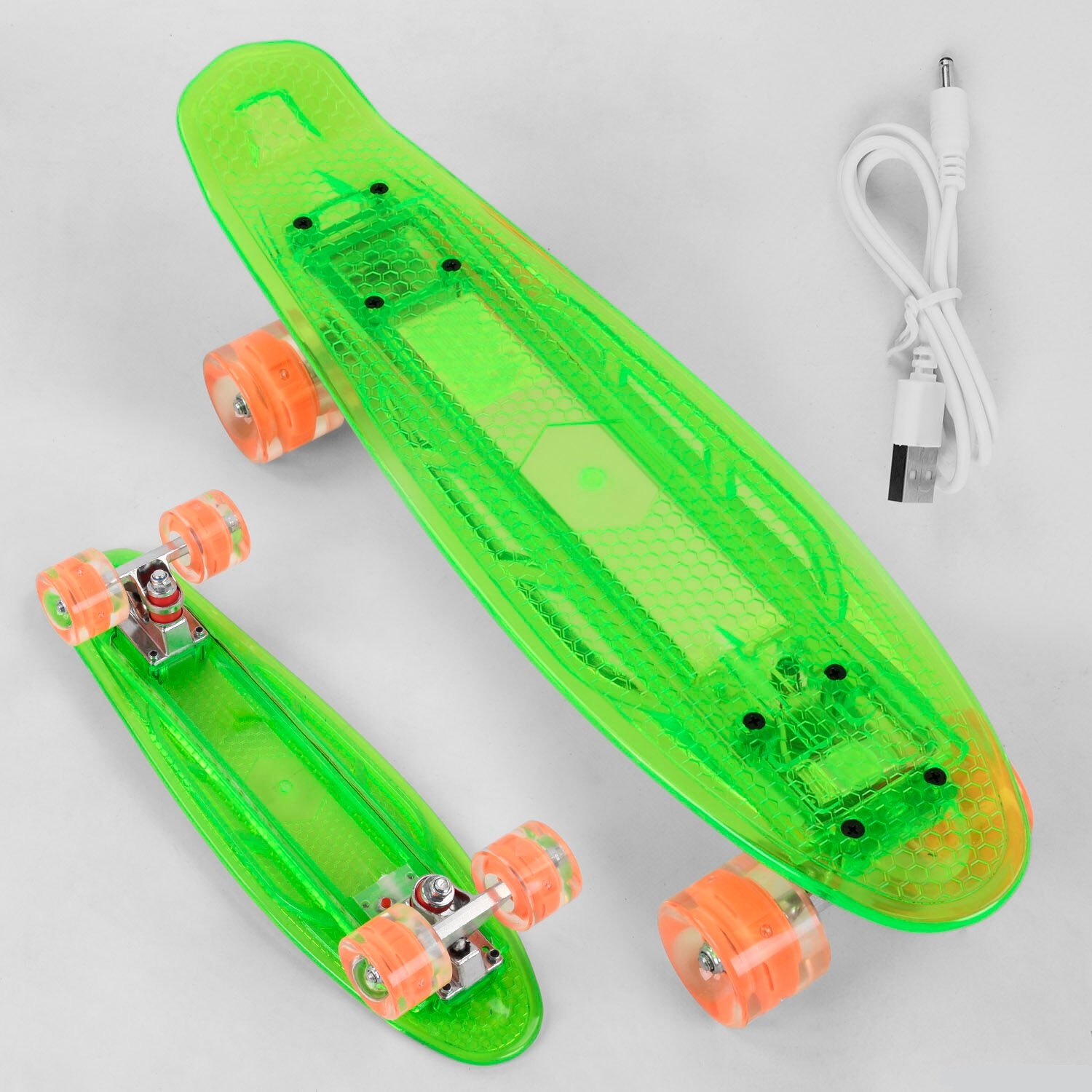 

Прозрачный Скейт Пенниборд S-60355 Best Board (БФ) дека со светом, колёса PU со светом, зарядка USB Зеленый