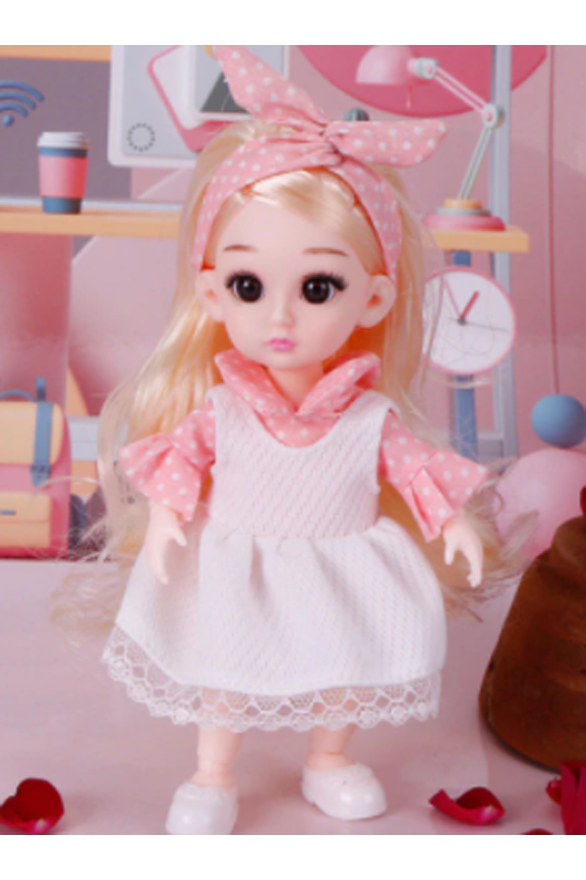 

Кукла шарнирная BJD с 3D глазами, белыми волосами в солохе 16 см D201