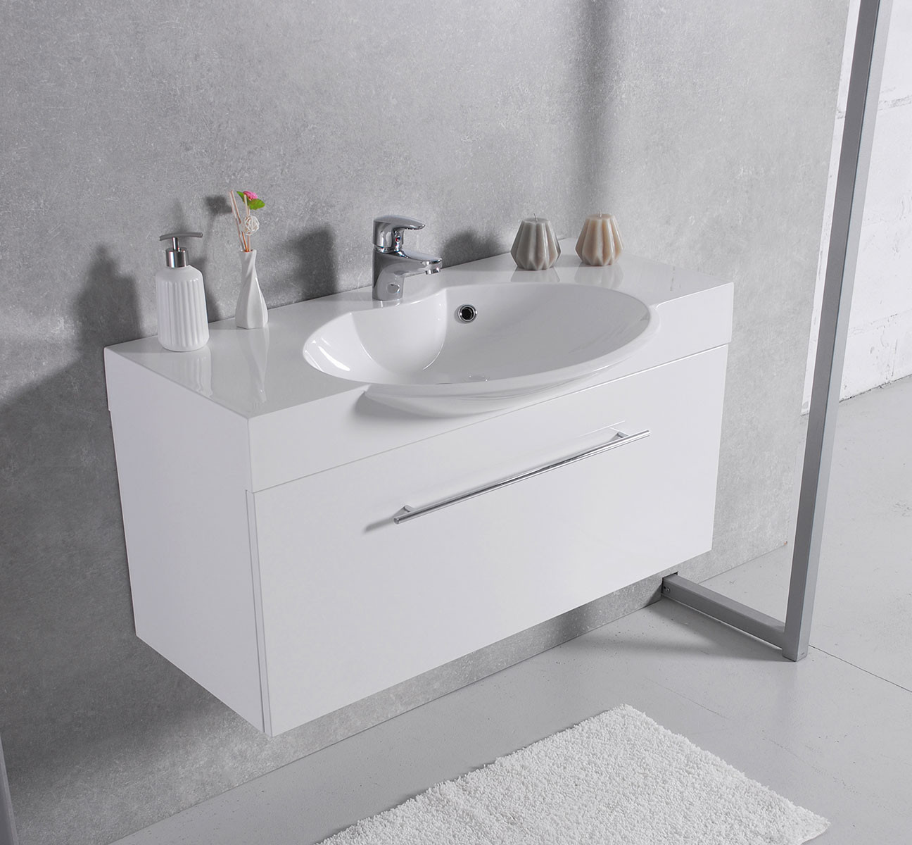 

Тумба Fancy Marble Sumatra 1 подвесная серая с умывальником Carme 80 см