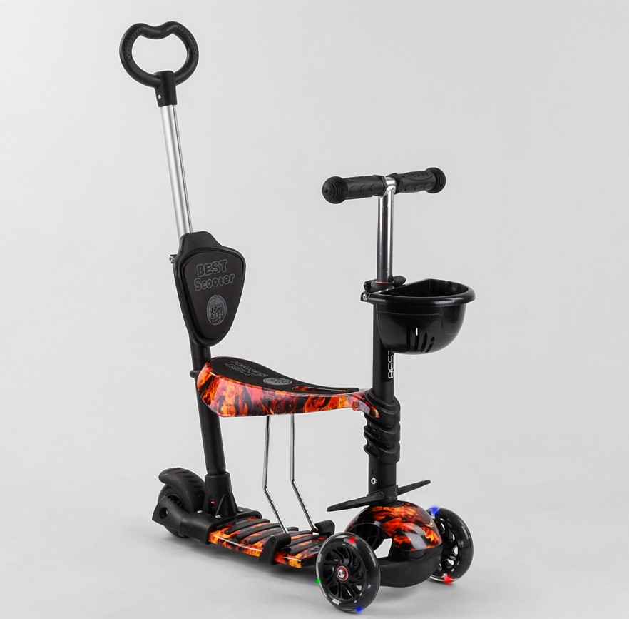 

Самокат трехколесный 5в1 с сидением Best Scooter Maxi Черно-оранжевый светящиеся колеса с ручкой для родителей(17334)