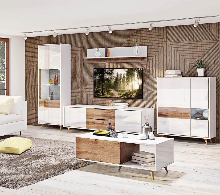 

Стенка гостиная из ЛДСП Вида МС-4321 белый/белый глянец + дуб золотой цвет Комфорт Мебель