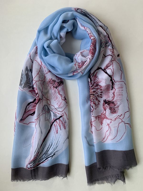 

Шарф вискозный цветы Fashion Scarves FS001 серо-голубой