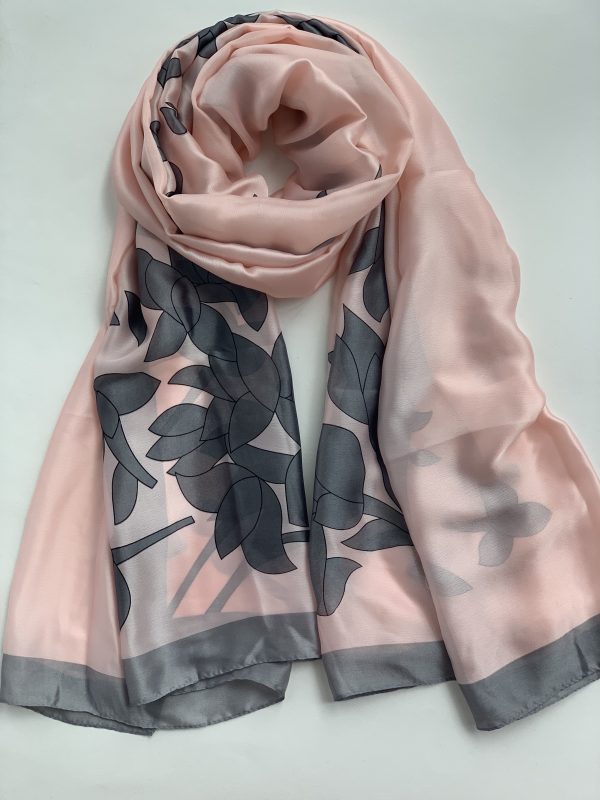 

Шарф шелковый листья Fashion Scarves FS006 розово-серый