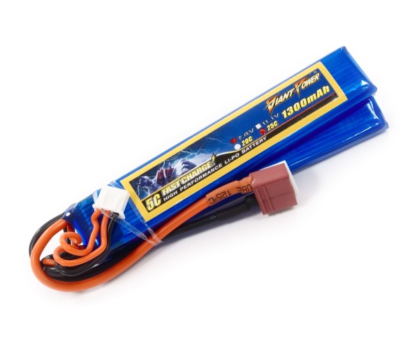 

Аккумулятор для страйкбола Giant Power Li-Pol 7.4V 2S 1300mAh 25C 2 лепестка 7.5х20х103мм T-Plug