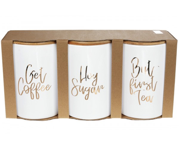 

Набор (3шт) керамических банок 800мл с бамбуковыми крышками Tea Time, цвет - белый c золотом