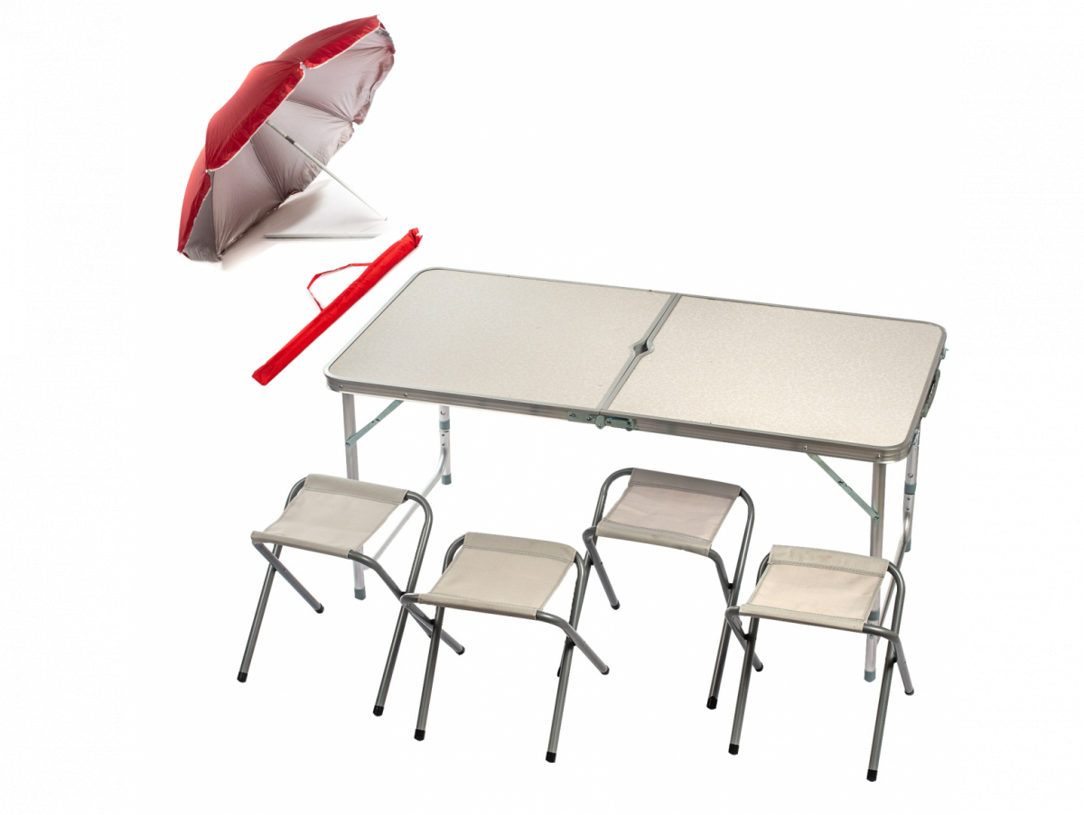 

Складной стол для пикника с зонтиком 120 х 60 см + 4 стула, Folding Table, серый