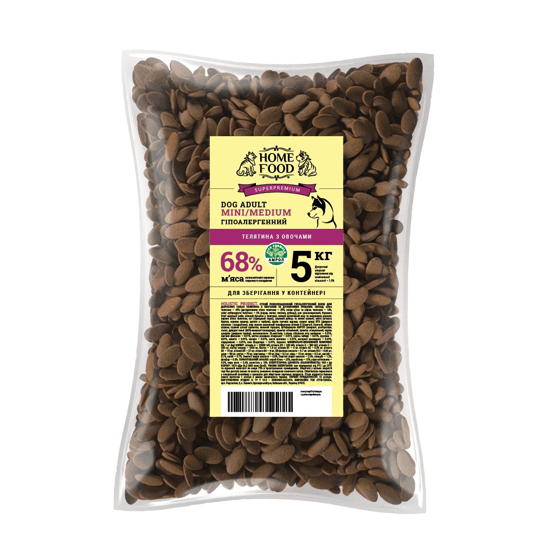 

Гіпоалергенний сухий корм HOME FOOD для дорослих собак MINI/MEDIUM - Телятина з овочами 5 кг