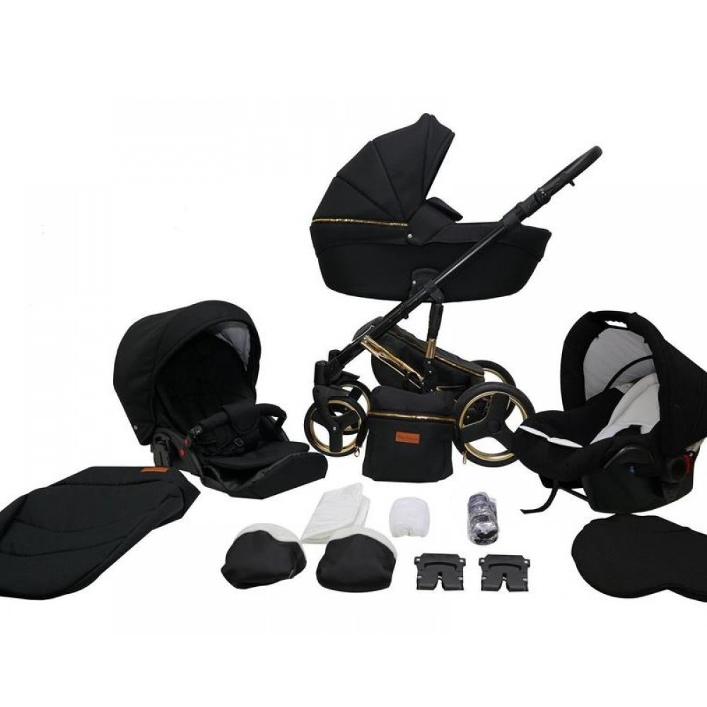 

Коляска универсальная 2 в 1 Mikrus Comodo Gold Черный с дождевиком и матрасом + москитная сетка, чехлы и рюкзак-сумка для мамы