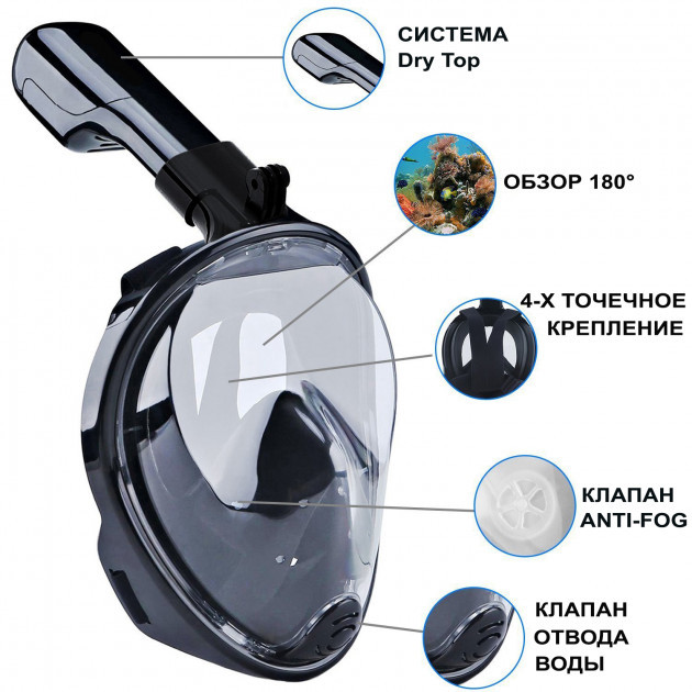 

Детская полнолицевая маска для плавания FREE BREATH (XS) M2068G с креплением для камеры Черный