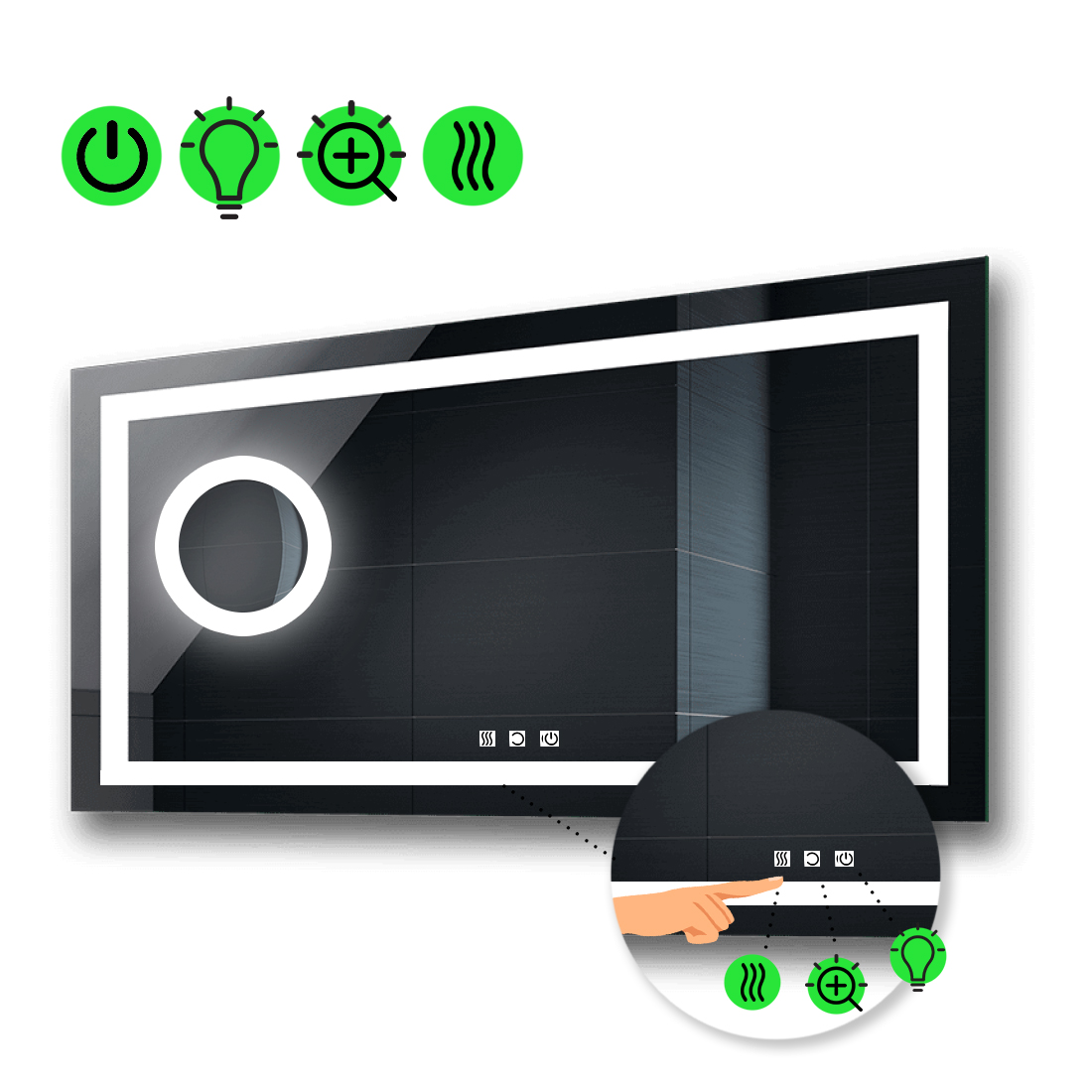 

LED-зеркало 120x80см, с тремя сенсорами, подогревом и линзой с подсветкой, модель Karnet