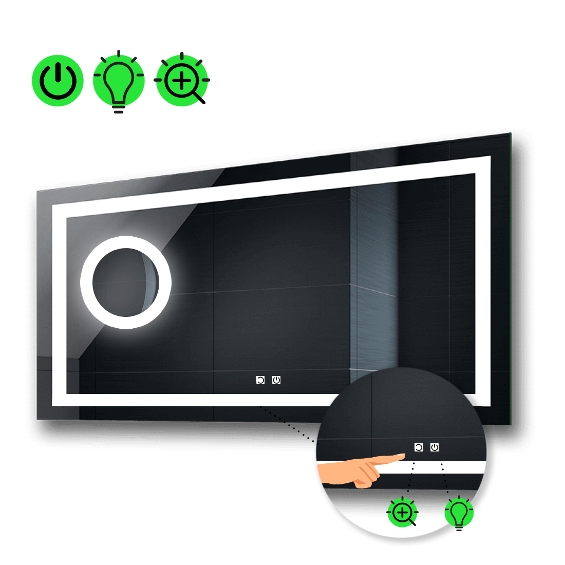 

LED-зеркало 100x80см, с двумя сенсорами и линзой с подсветкой, модель Karnet