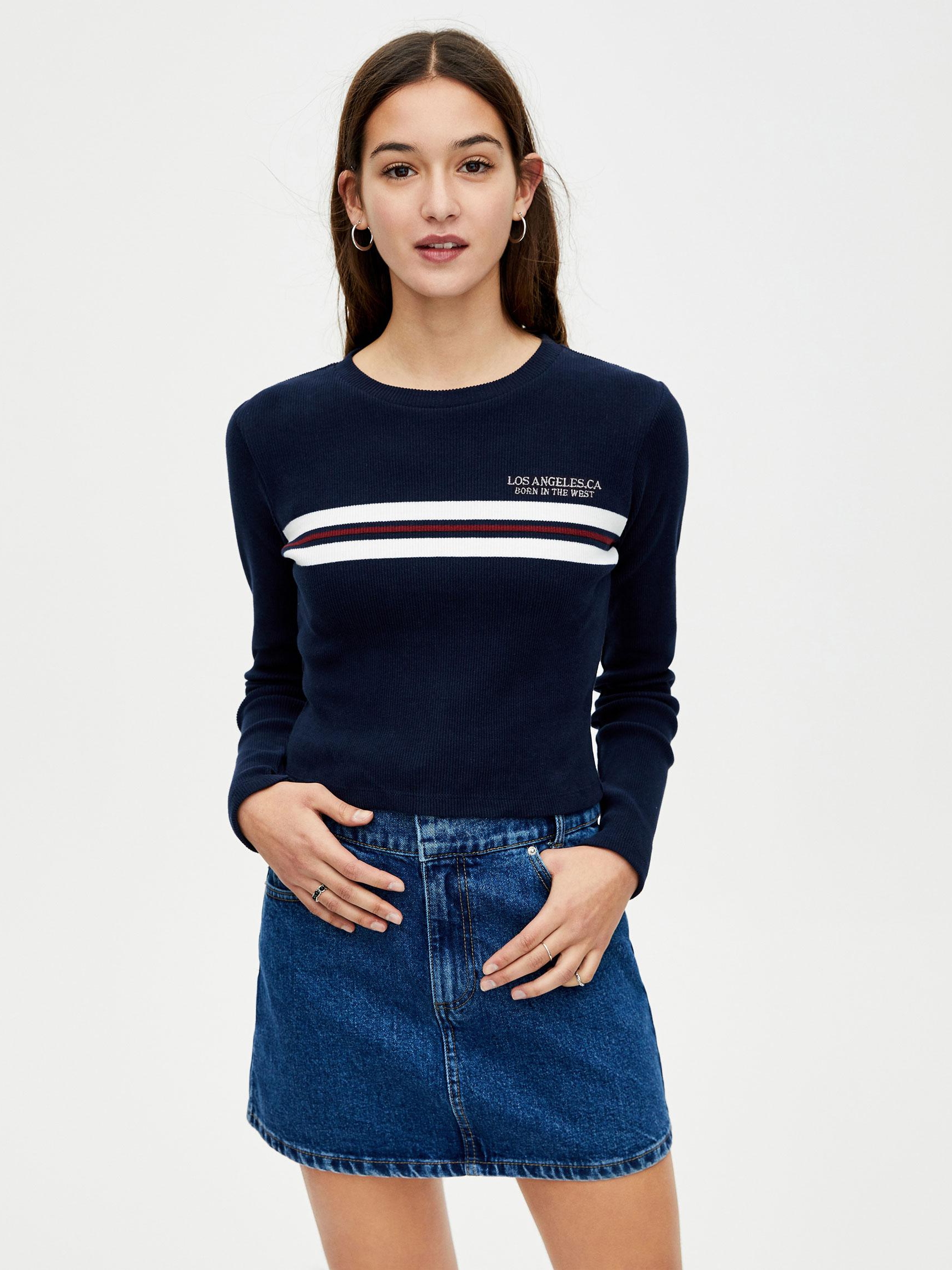 

Лонгслив Pull & Bear 5246/314/401-ABEA XXS Темно-синий с белым