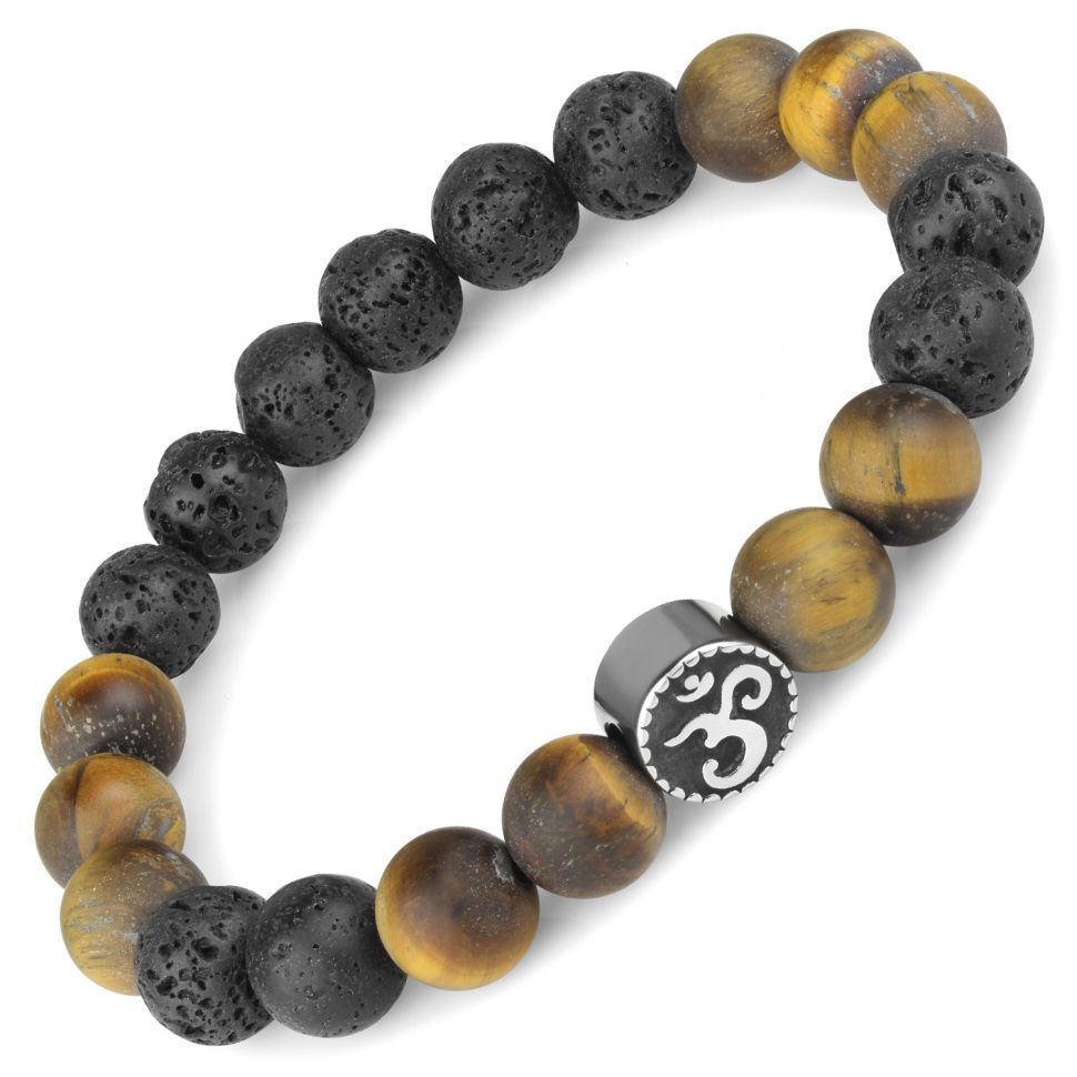 

Мужской браслет на резинке Everiot Select LNS-2284 из лавы и камня тигровый глаз со знаком Ом (Размер 19 см)