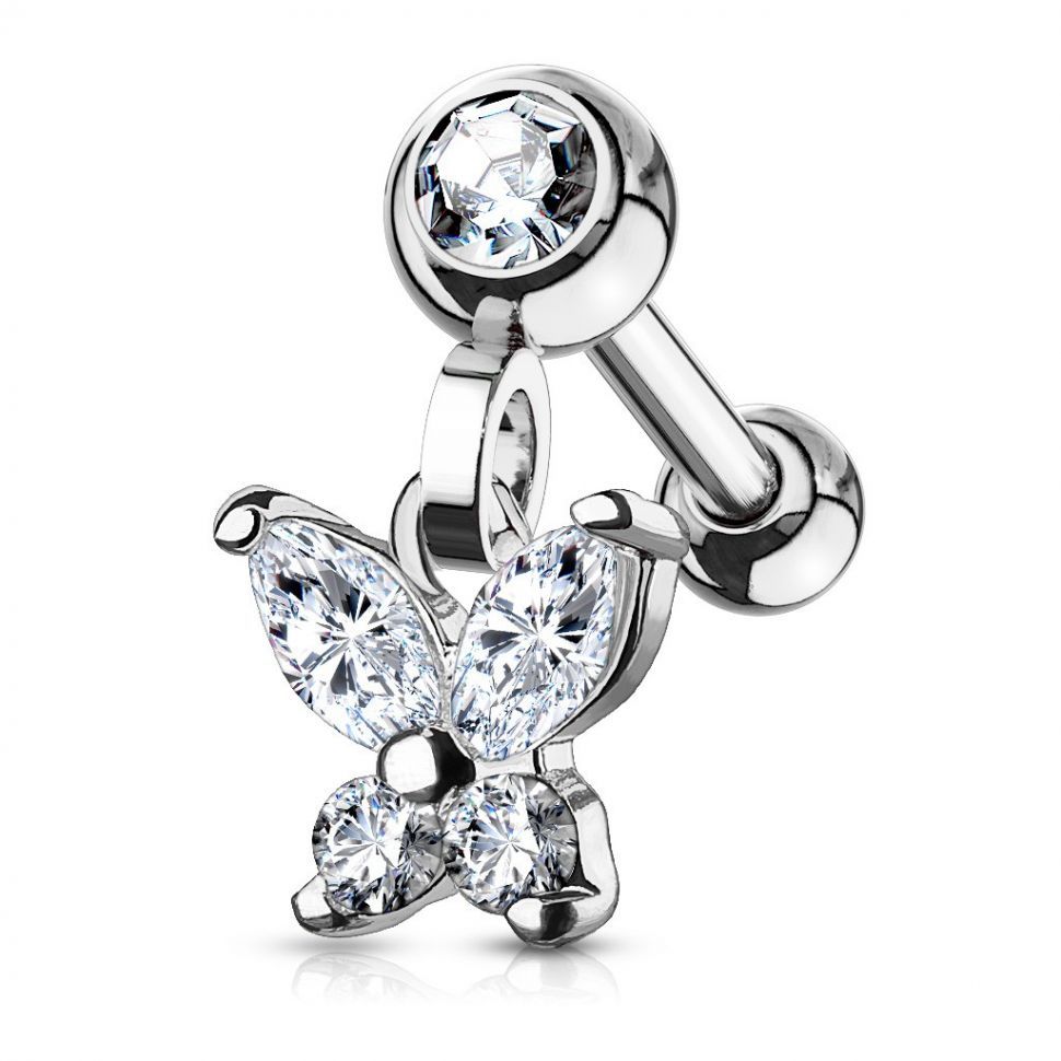 

Серьга микроштанга из стали для пирсинга в хрящ уха, хеликс, трагус PiercedFish JA18850 с бабочкой и фианитами (Металл)