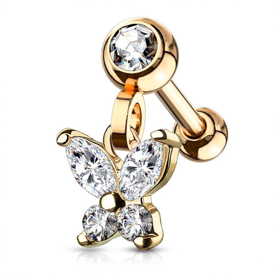 

Серьга микроштанга из стали для пирсинга в хрящ уха, хеликс, трагус PiercedFish JA18850 с бабочкой и фианитами (Розовое золото)