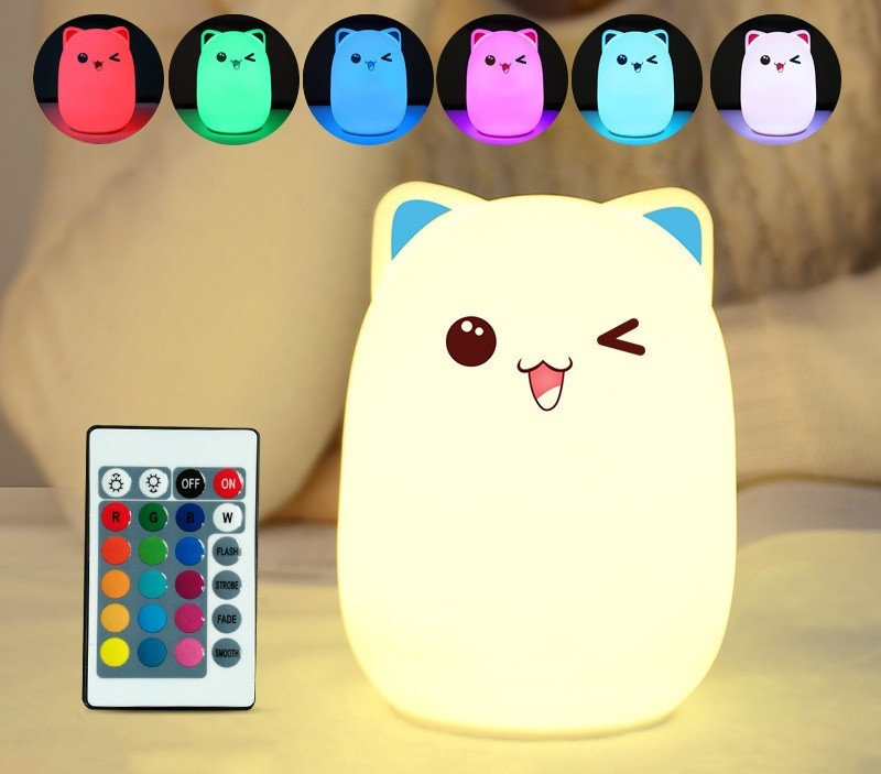 

Игрушка ночник 3DTOYSLAMP котик с голубыми ушками 16 цветов свечения пульт управления