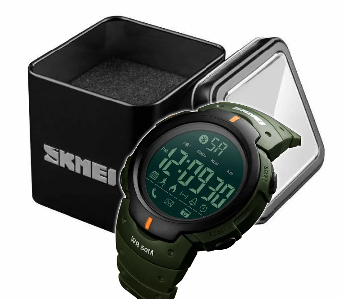 

Наручные цифровые спортивные часы Skmei 1301 с блютузом для смартфона ремешок олива