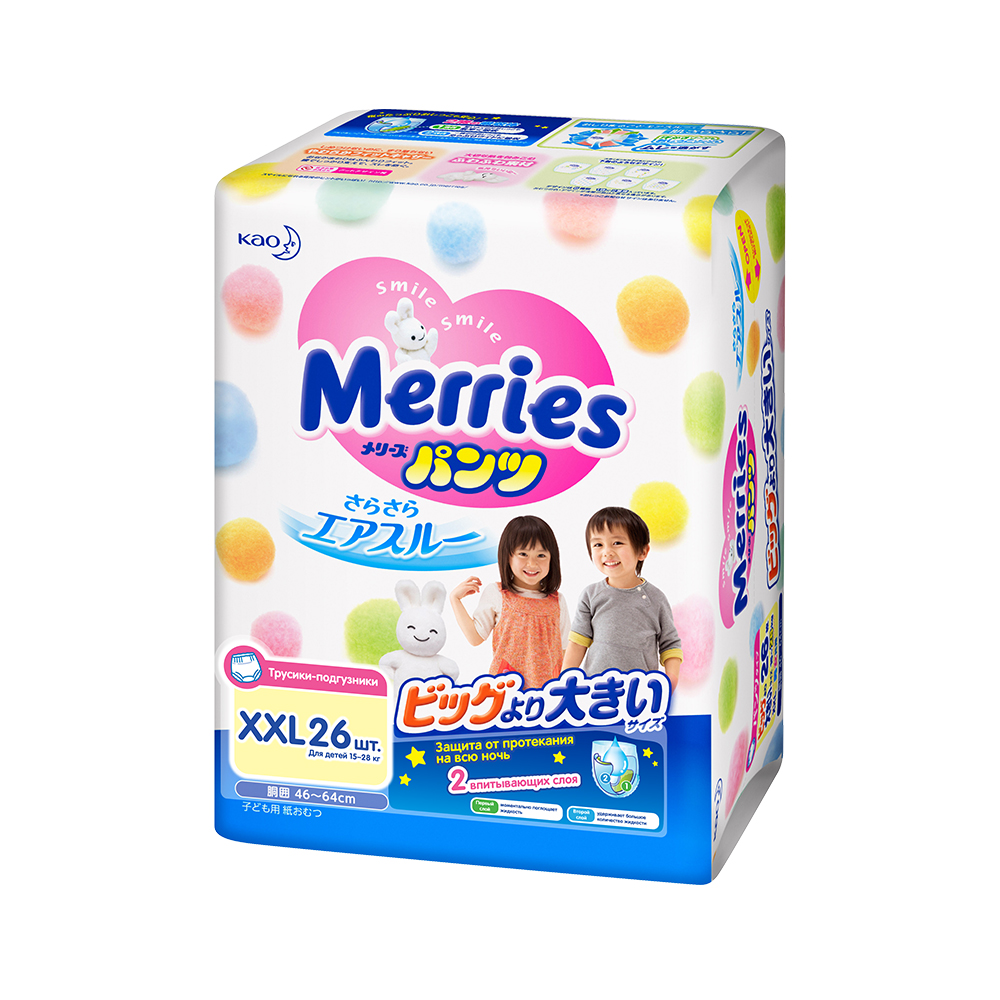 

Трусики-подгузники для детей Merries XXL 15-28 кг 26 шт (4901301281098)