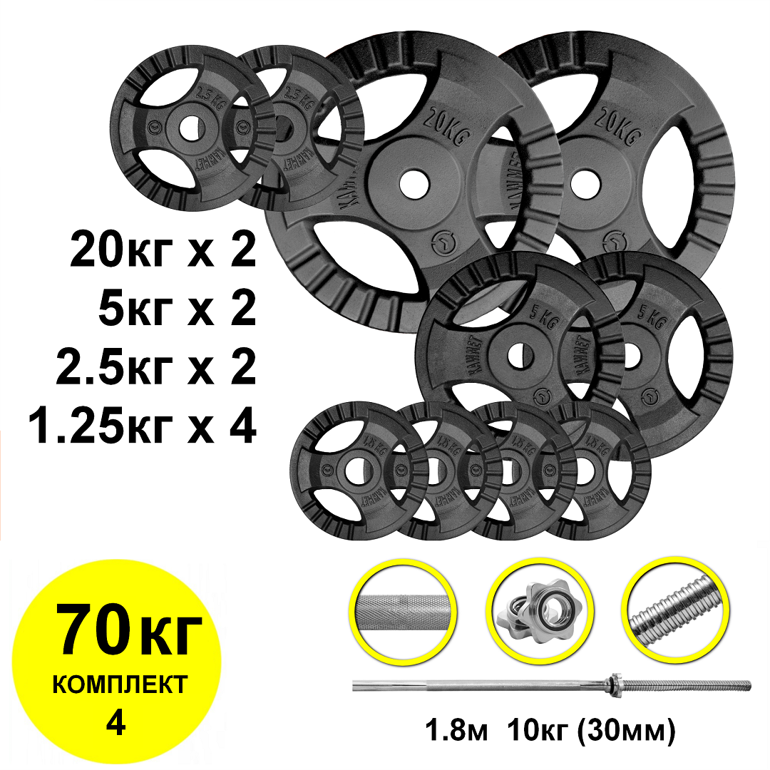 

Гриф с блинами 70 кг Kaw-met штанга наборная 180см прямая (комплект 4)