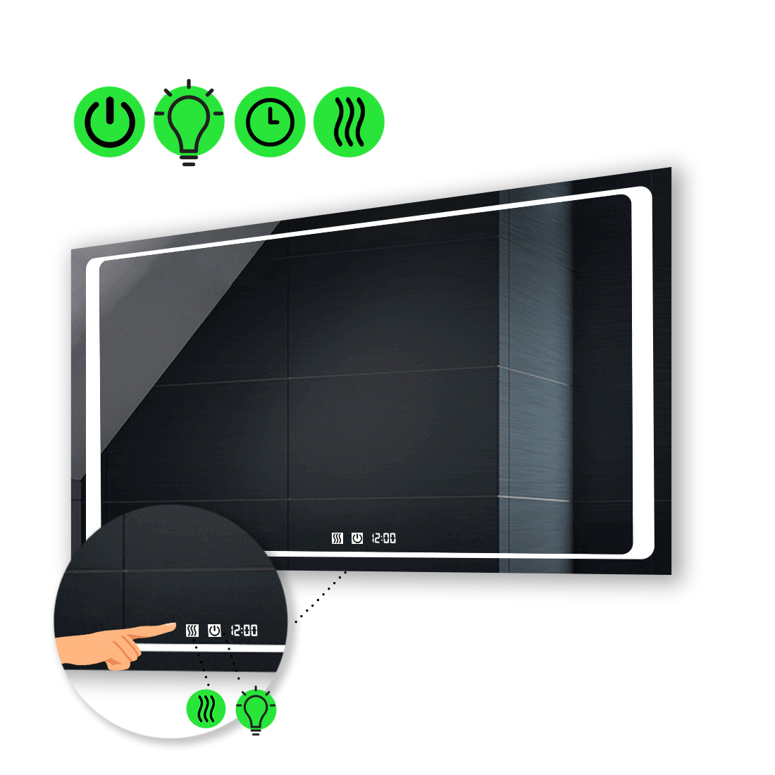 

LED-зеркало 80x60см, с двумя сенсорами, часами и подогревом, модель Emma