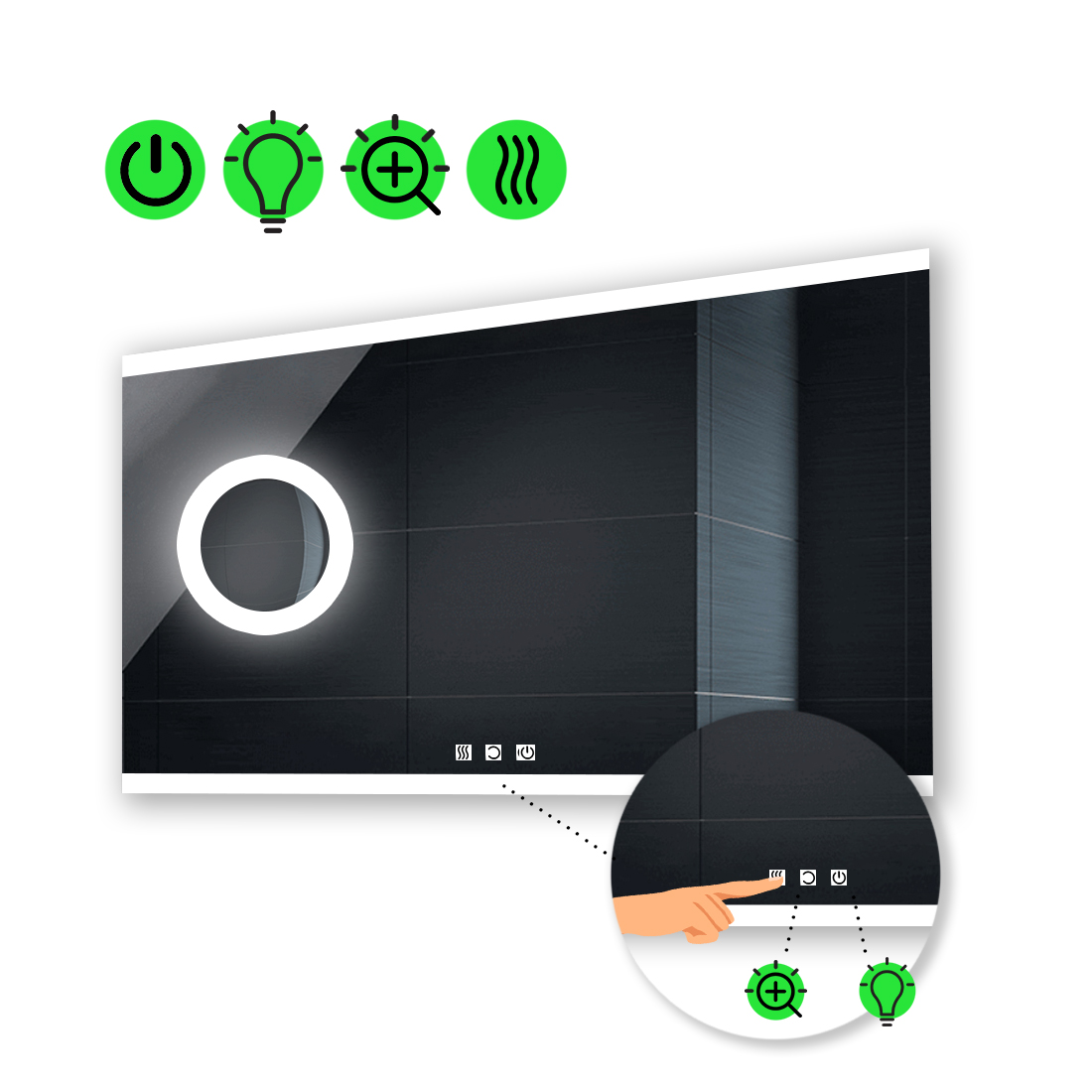 

LED-зеркало 80x60см, с тремя сенсорами, подогревом и линзой с подсветкой, модель Ines