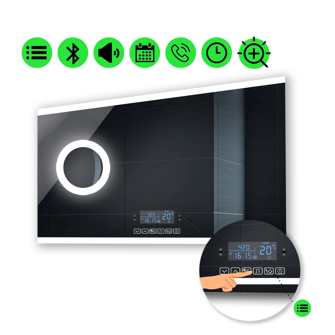 

LED-зеркало 100x80см, с Smart-блоком и линзой с подсветкой, модель Ines