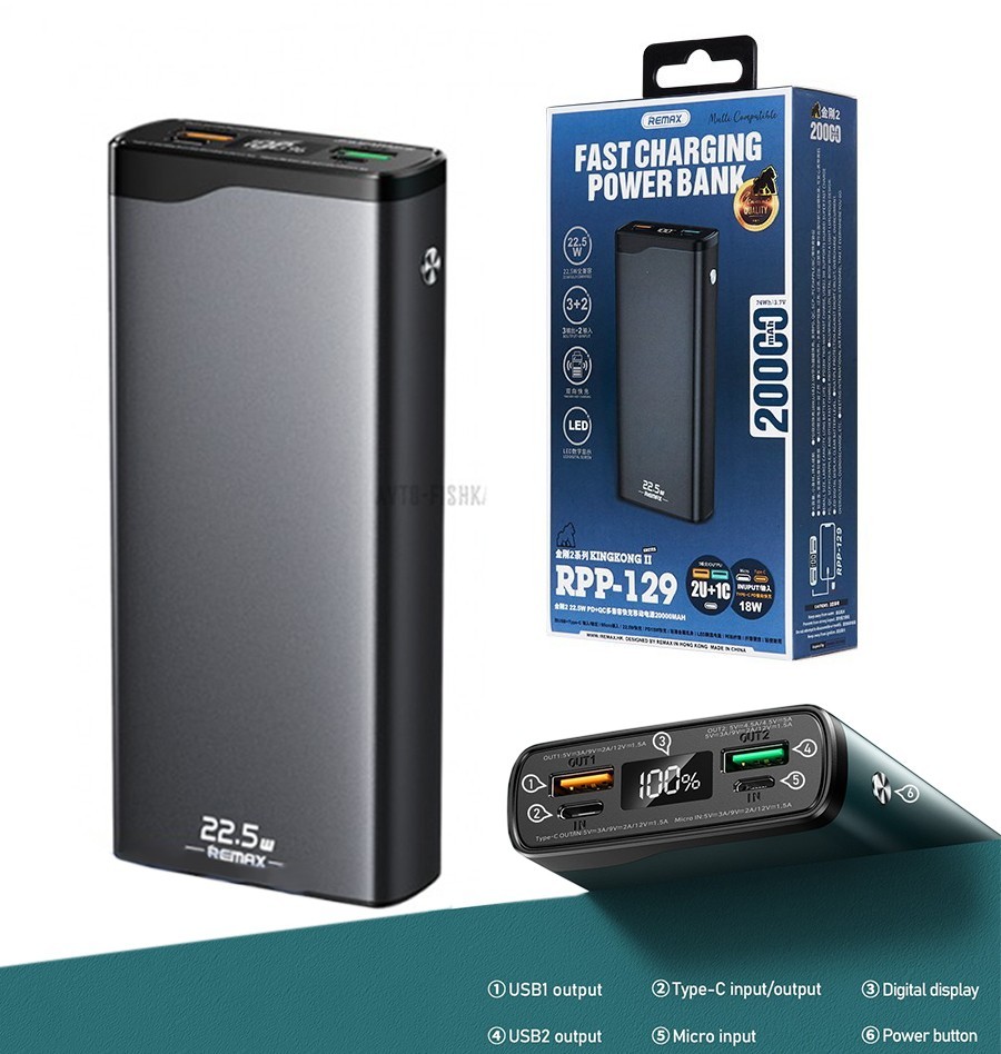 

Внешний аккумулятор Power Bank Remax RPP-129 Быстрая зарядка 22.5W 20000mAh