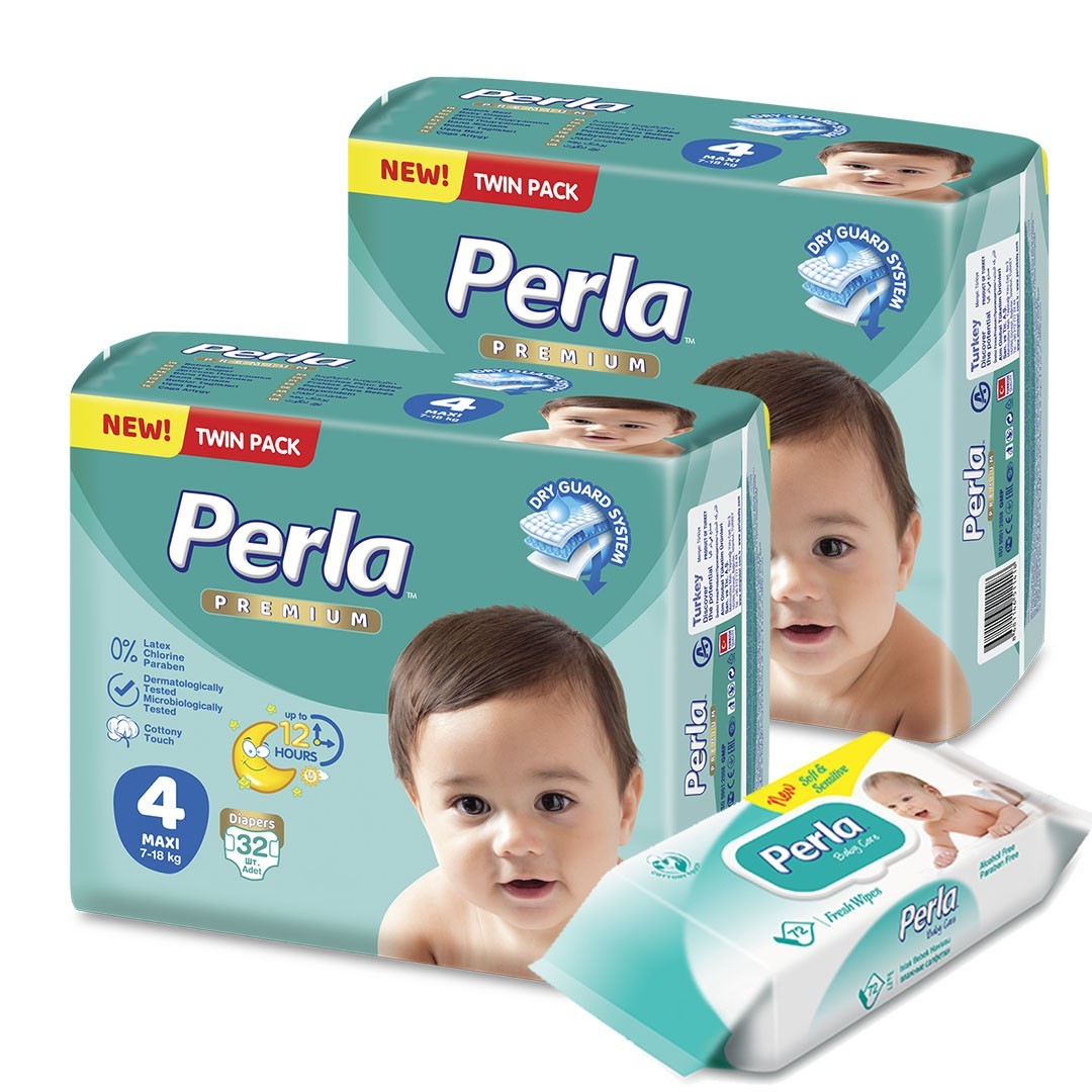 

Подгузники для детей Perla Premium Maxi № 4 (7-18кг) 64 шт + 72шт влажных салфеток