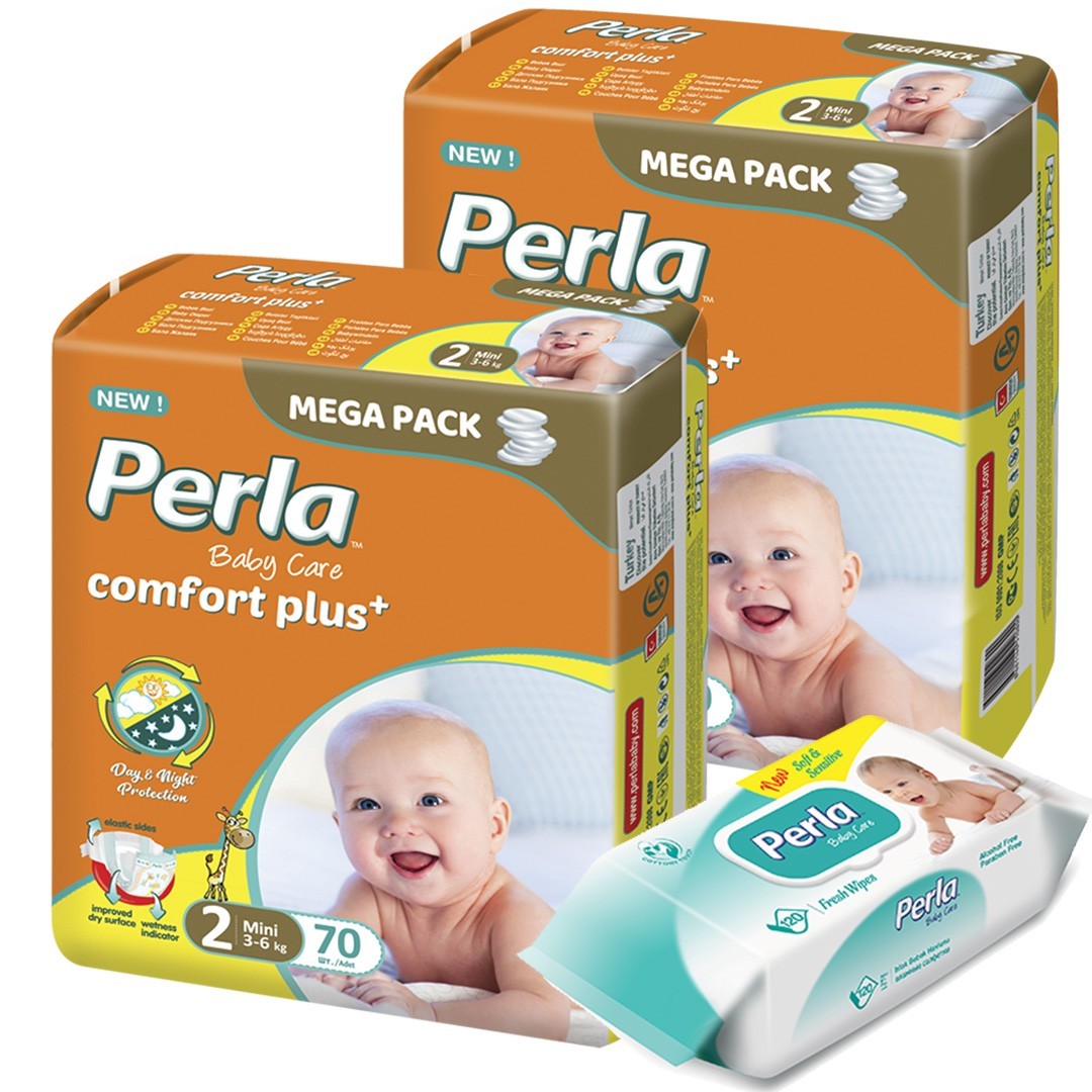 

Подгузники для детей Perla Comfort plus Mini размер 2 (3-6кг) 140шт + 120 шт влажных салфеток