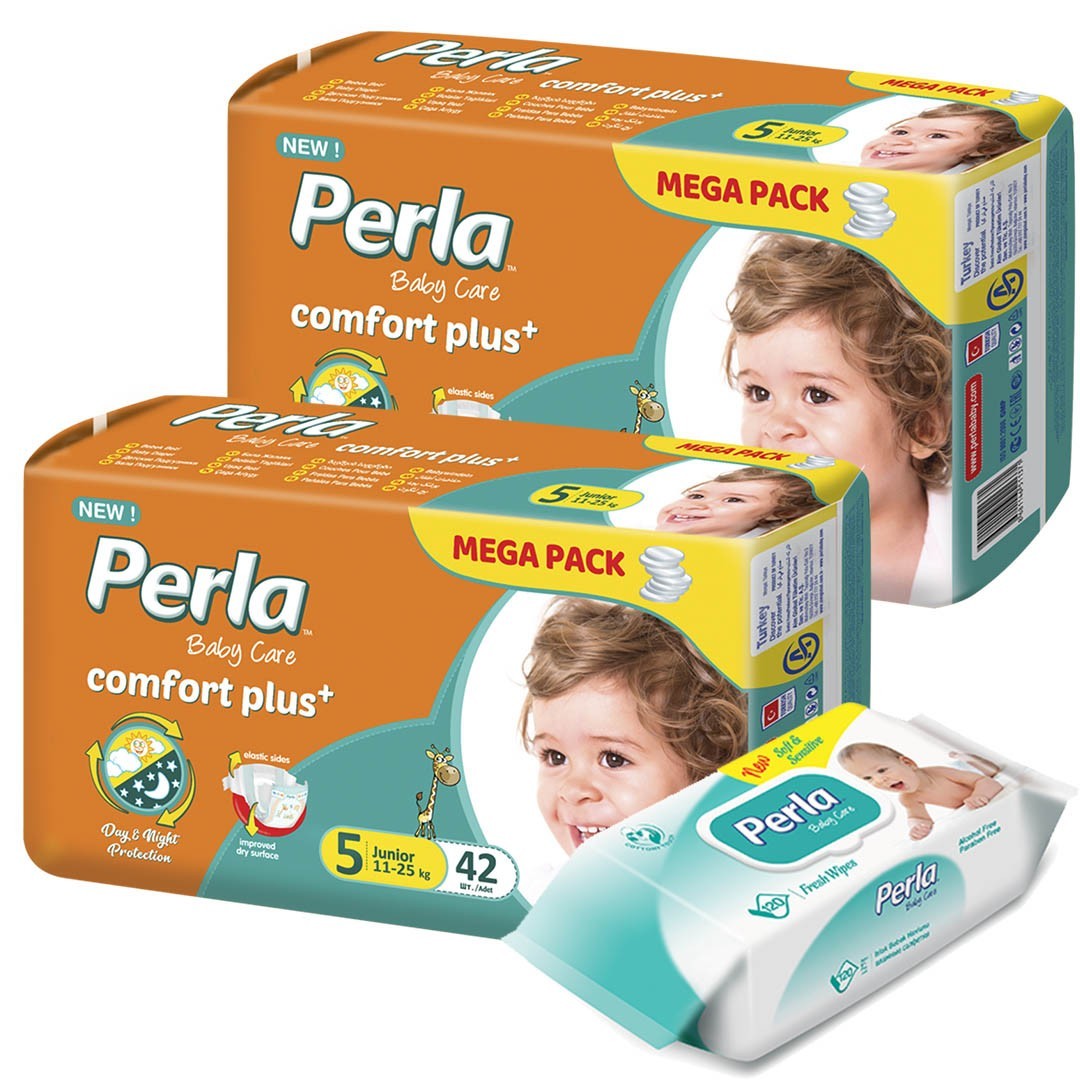 

Подгузники для детей Perla Comfort plus Junior размер 5 (11-25кг) 84шт +120 шт влажных салфеток