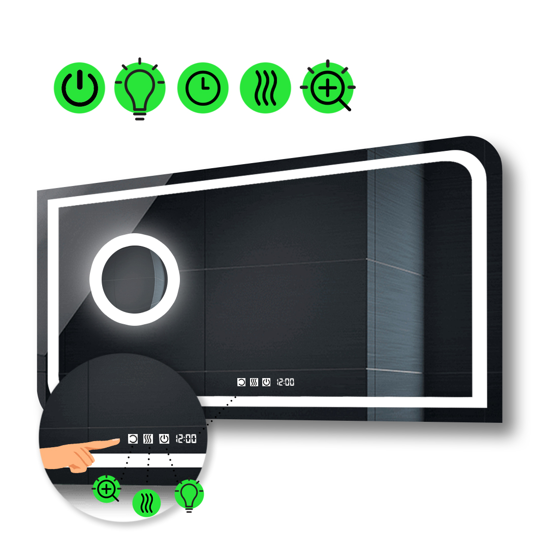 

LED-зеркало 110x70см, с тремя сенсорами, часами, подогревом и линзой с подсветкой, модель Noemi.