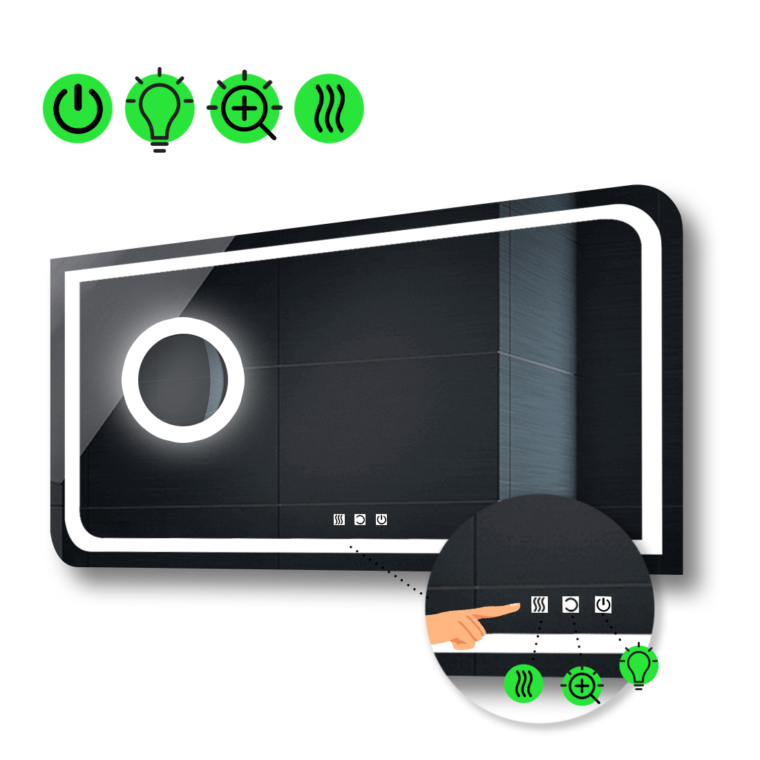 

LED-зеркало 120x100см, с тремя сенсорами, подогревом и линзой с подсветкой, модель Noemi