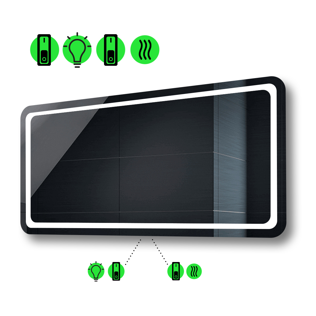 

LED-зеркало 110x70см, с подогревом и двумя механическими включателями, модель Anvi