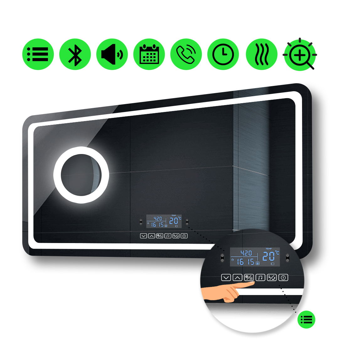 

LED-зеркало 120x100см, с Smart-блоком, линзой с подсветкой и подогревом, модель Anvi