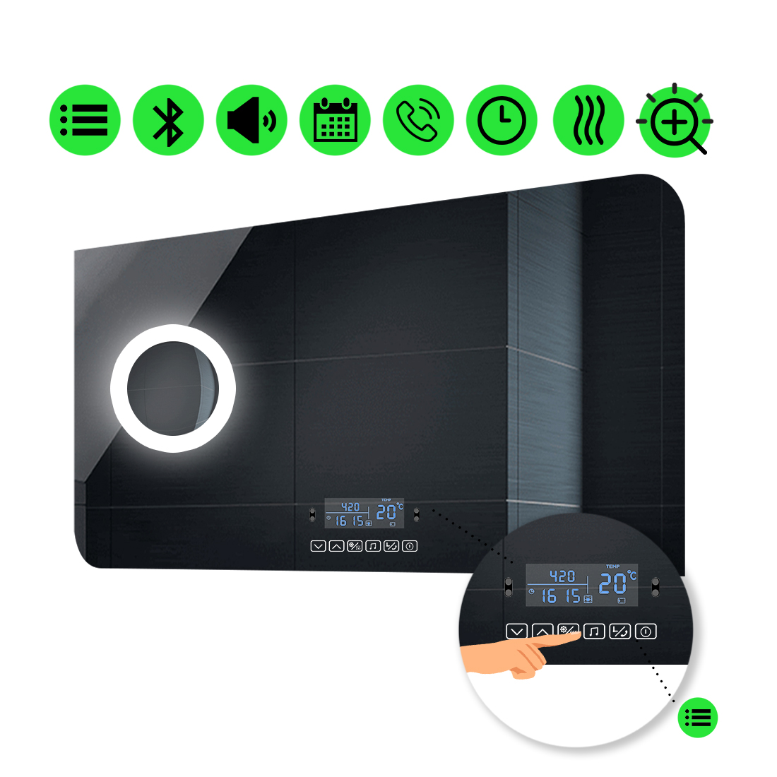 

LED-зеркало 100x80см, с Smart-блоком, линзой с подсветкой и подогревом, модель Simona