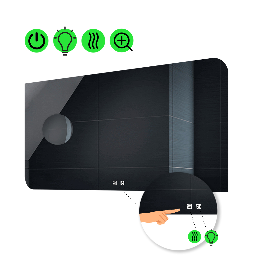 

LED-зеркало 100x80см, с двумя сенсорами, подогревом и линзой без подсветки, модель Simona