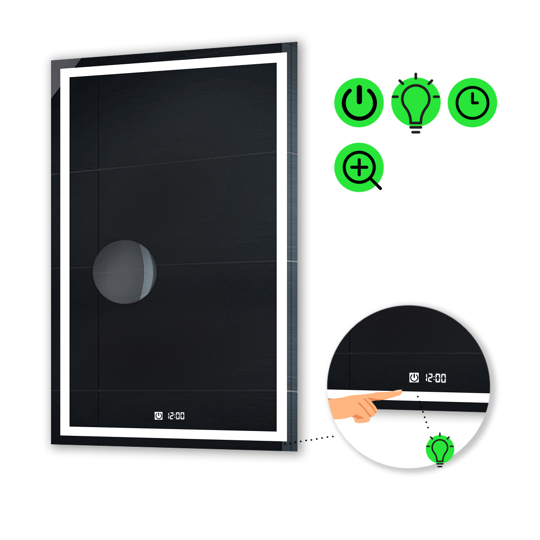 

LED-зеркало 60x80см, с сенсором, часами и линзой без подсветки, модель Karnet