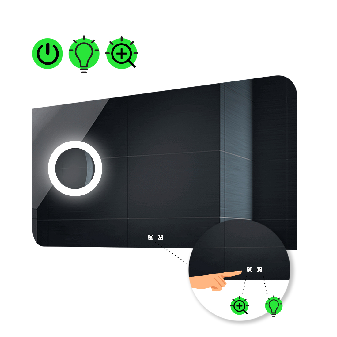 

LED-зеркало 90x80см, с двумя сенсорами и линзой с подсветкой, модель Simona