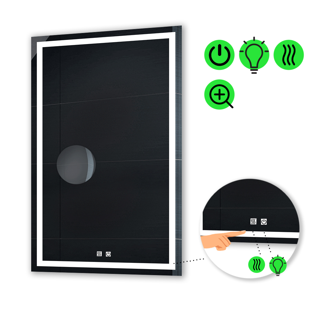 

LED-зеркало 100x140см, с двумя сенсорами, подогревом и линзой без подсветки, модель Karnet
