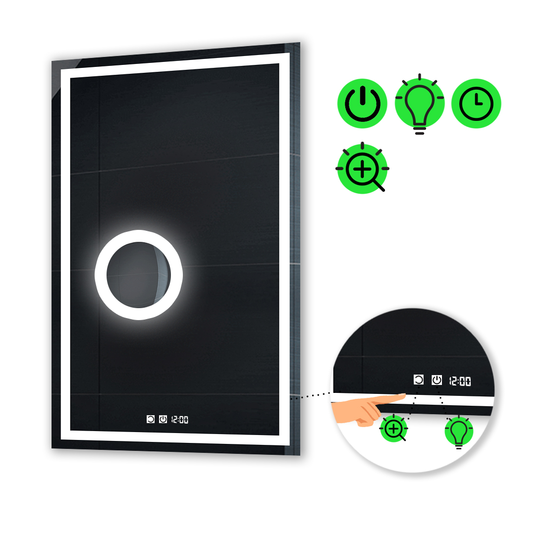 

LED-зеркало 100x120см, с двумя сенсорами, часами и линзой с подсветкой, модель Karnet