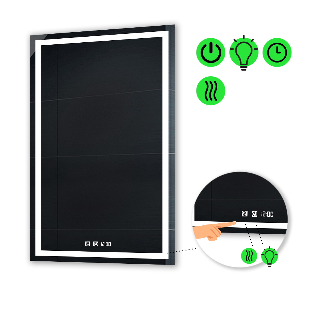 

LED-зеркало 100x120см, с двумя сенсорами, часами и подогревом, модель Karnet