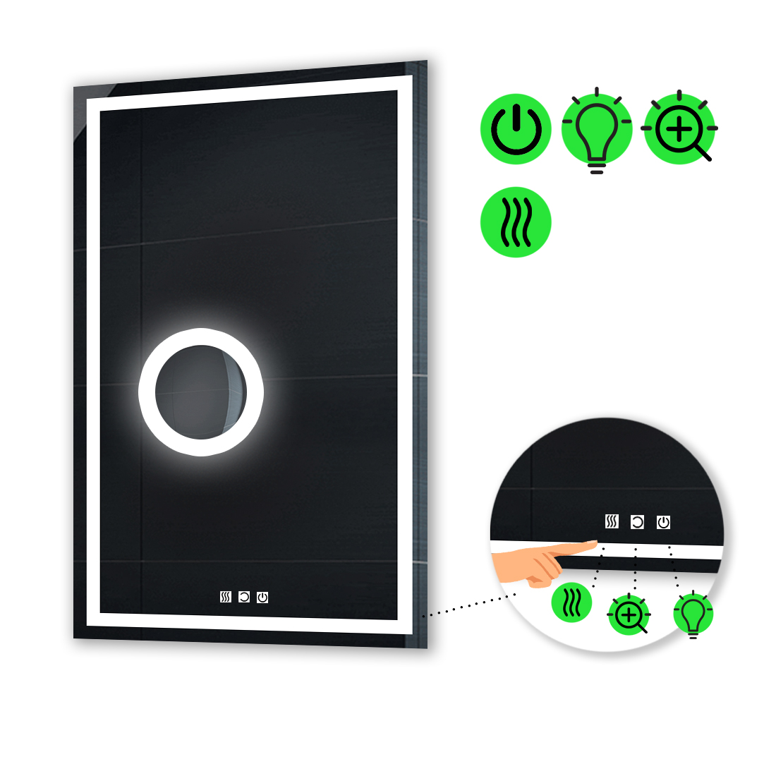 

LED-зеркало 100x120см, с тремя сенсорами, подогревом и линзой с подсветкой, модель Karnet