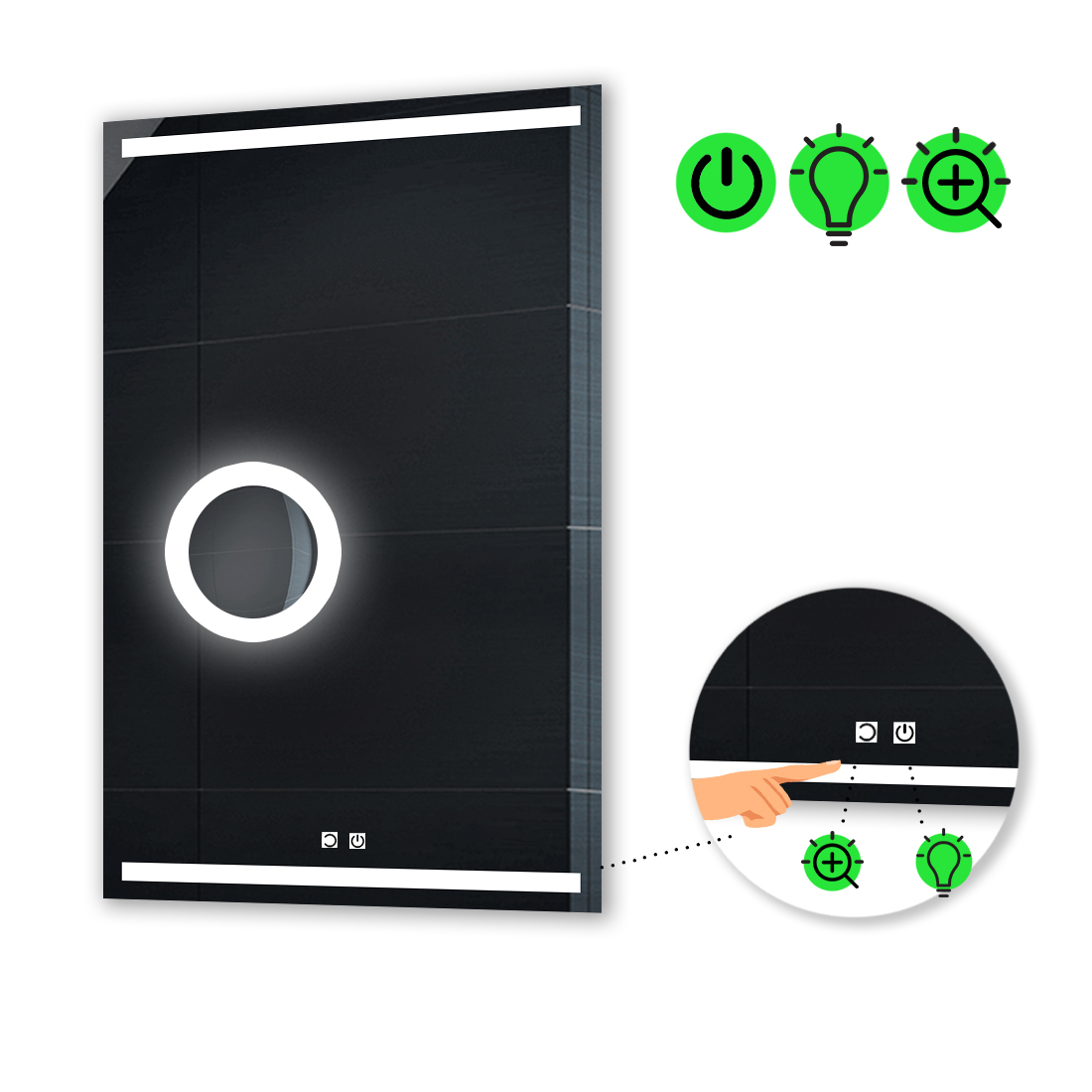 

LED-зеркало 60x80см, с двумя сенсорами и линзой с подсветкой, модель Adelita