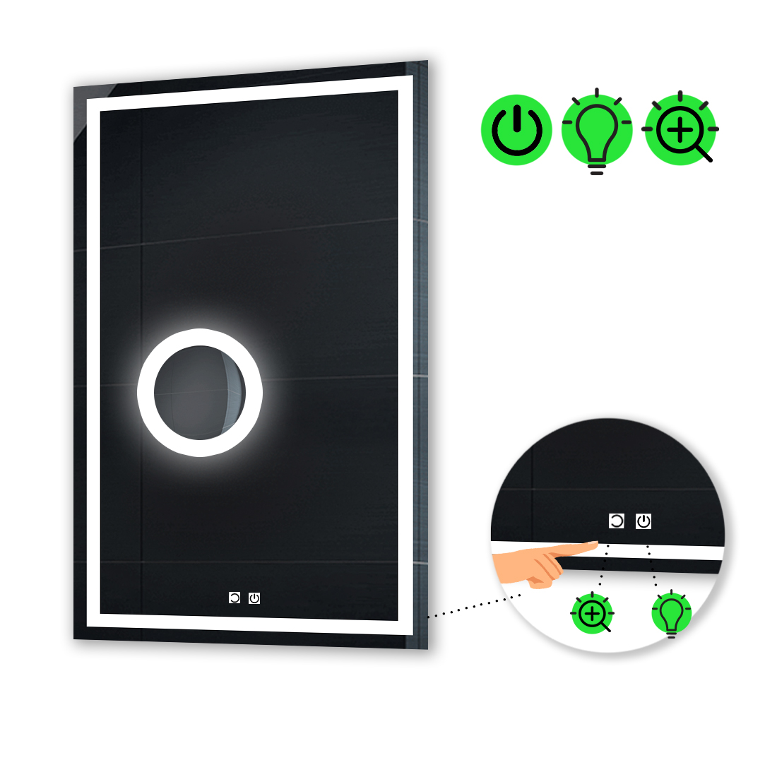 

LED-зеркало 70x80см, с двумя сенсорами и линзой с подсветкой, модель Karnet