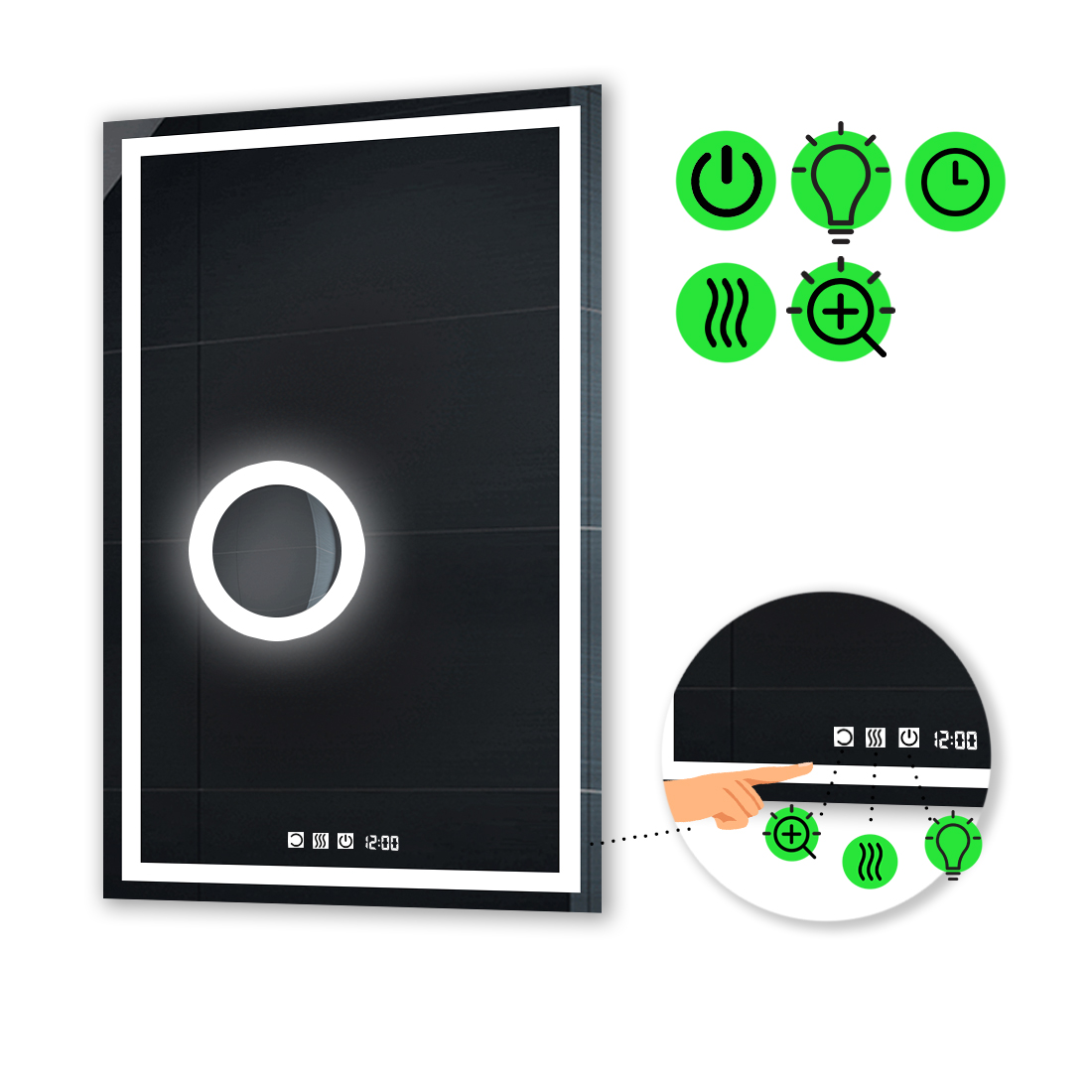 

LED-зеркало 80x100см, с тремя сенсорами, часами, подогревом и линзой с подсветкой, модель Karnet.