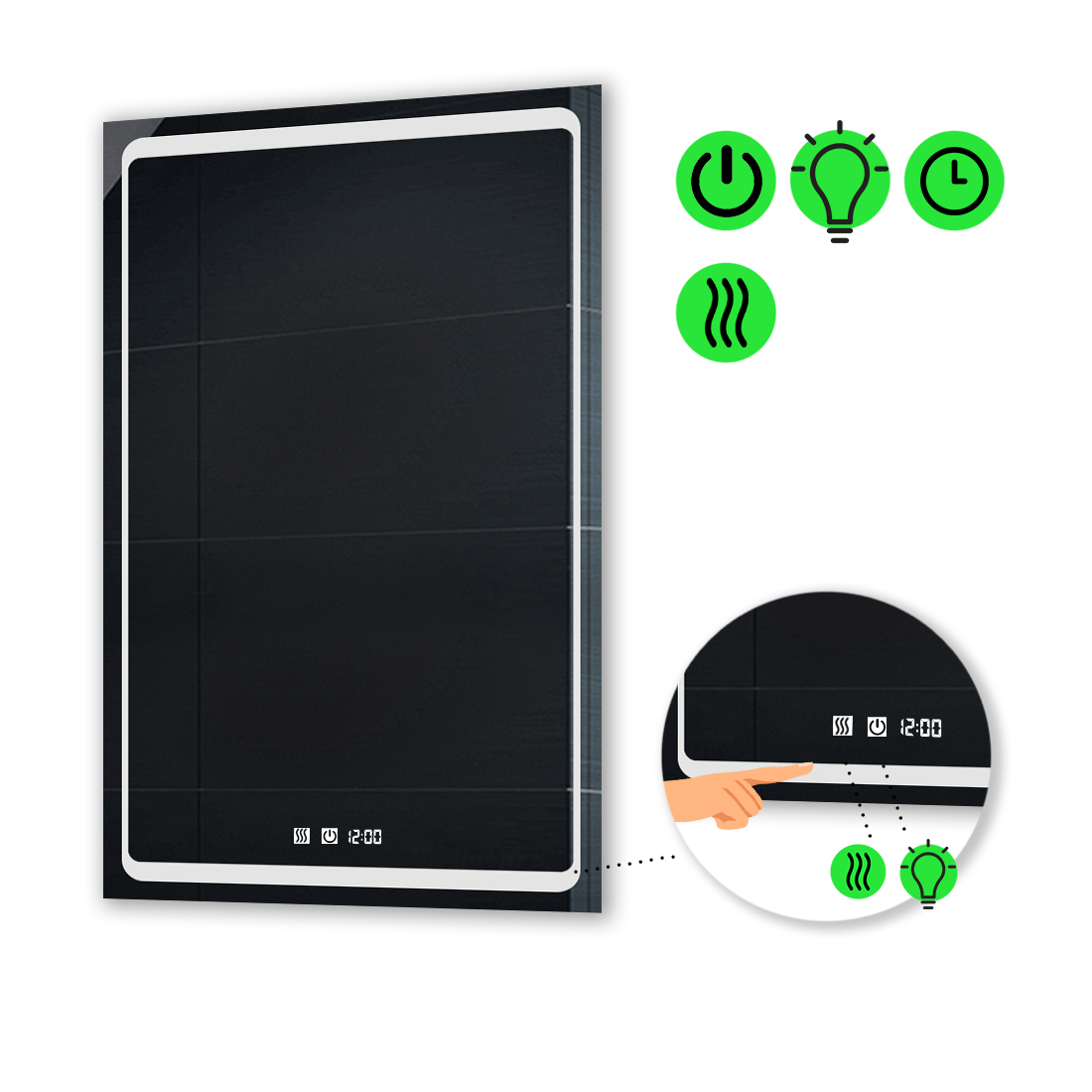 

LED-зеркало 100x120см, с двумя сенсорами, часами и подогревом, модель Emma