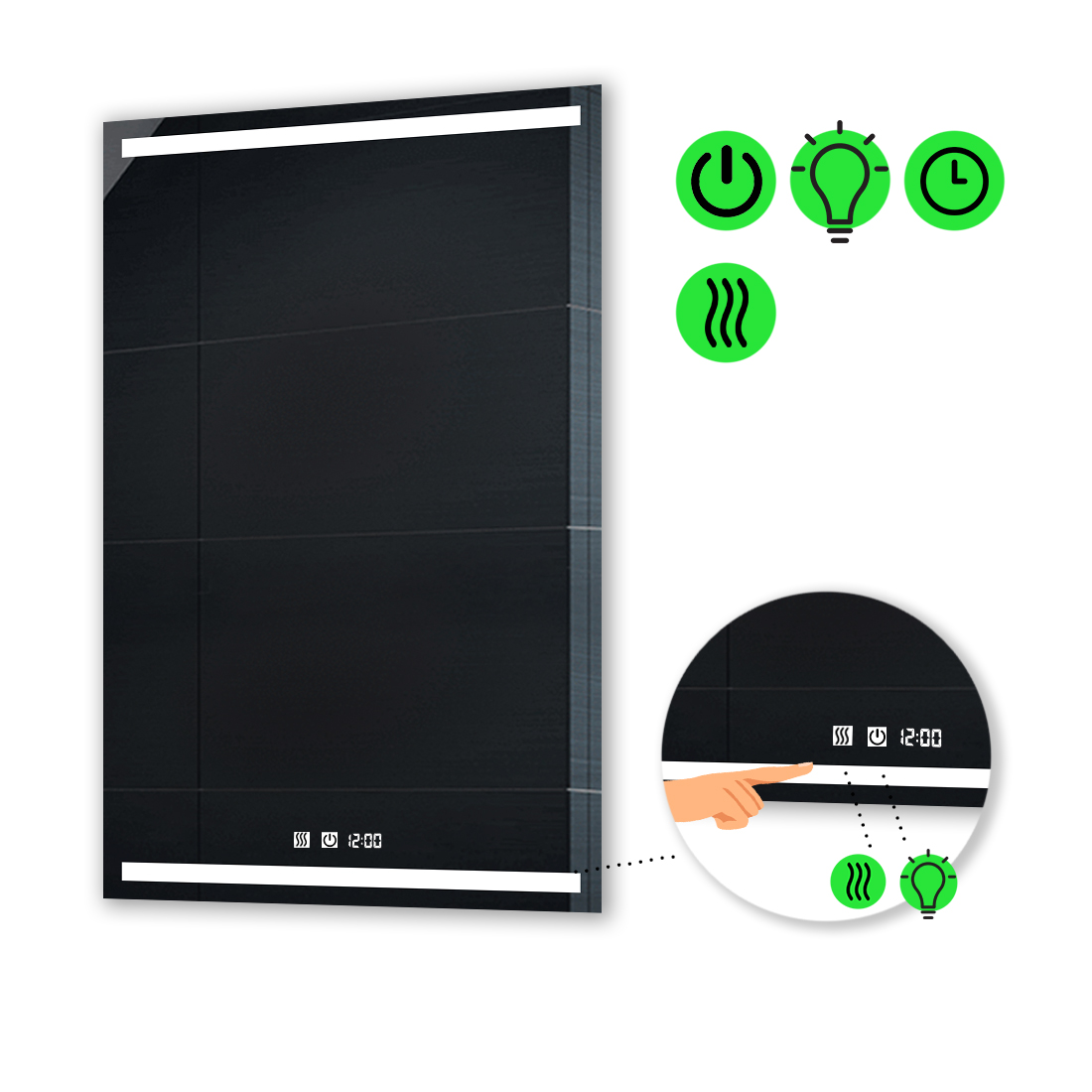 

LED-зеркало 90x100см, с двумя сенсорами, часами и подогревом, модель Adelita