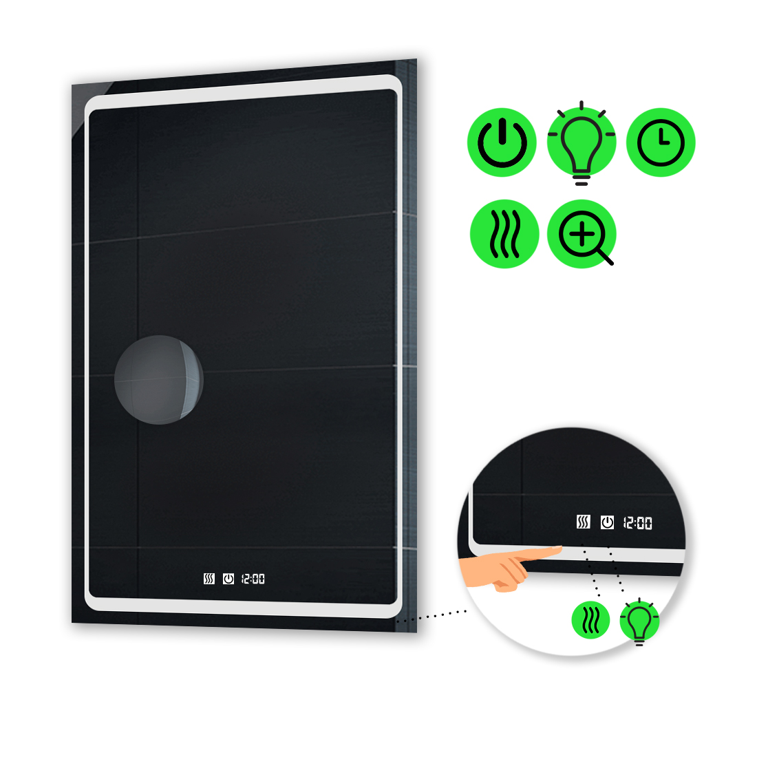

LED-зеркало 80x120см, с двумя сенсорами, часами, подогревом и линзой без подсветки, модель Emma