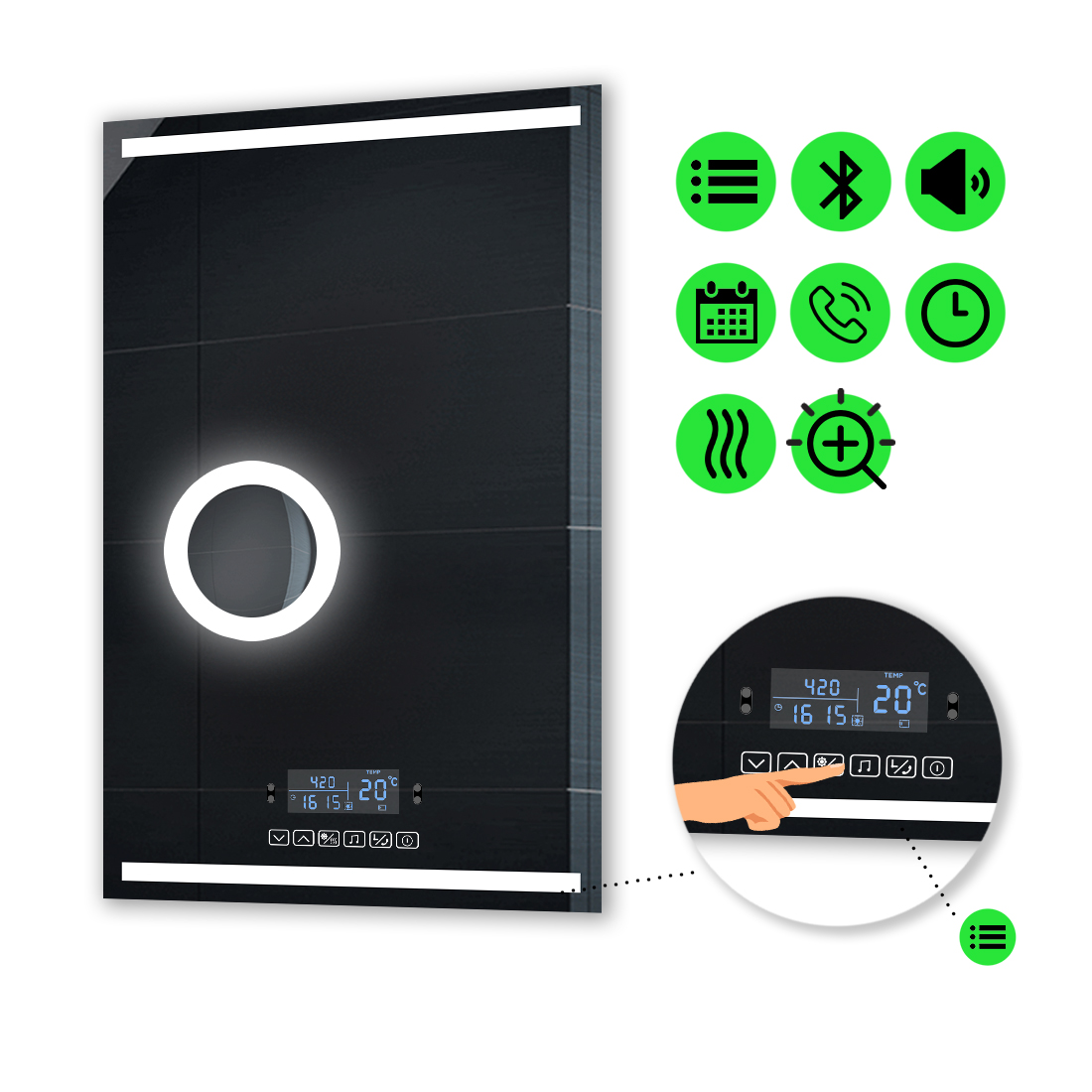 

LED-зеркало 90x140см, с Smart-блоком, линзой с подсветкой и подогревом, модель Adelita